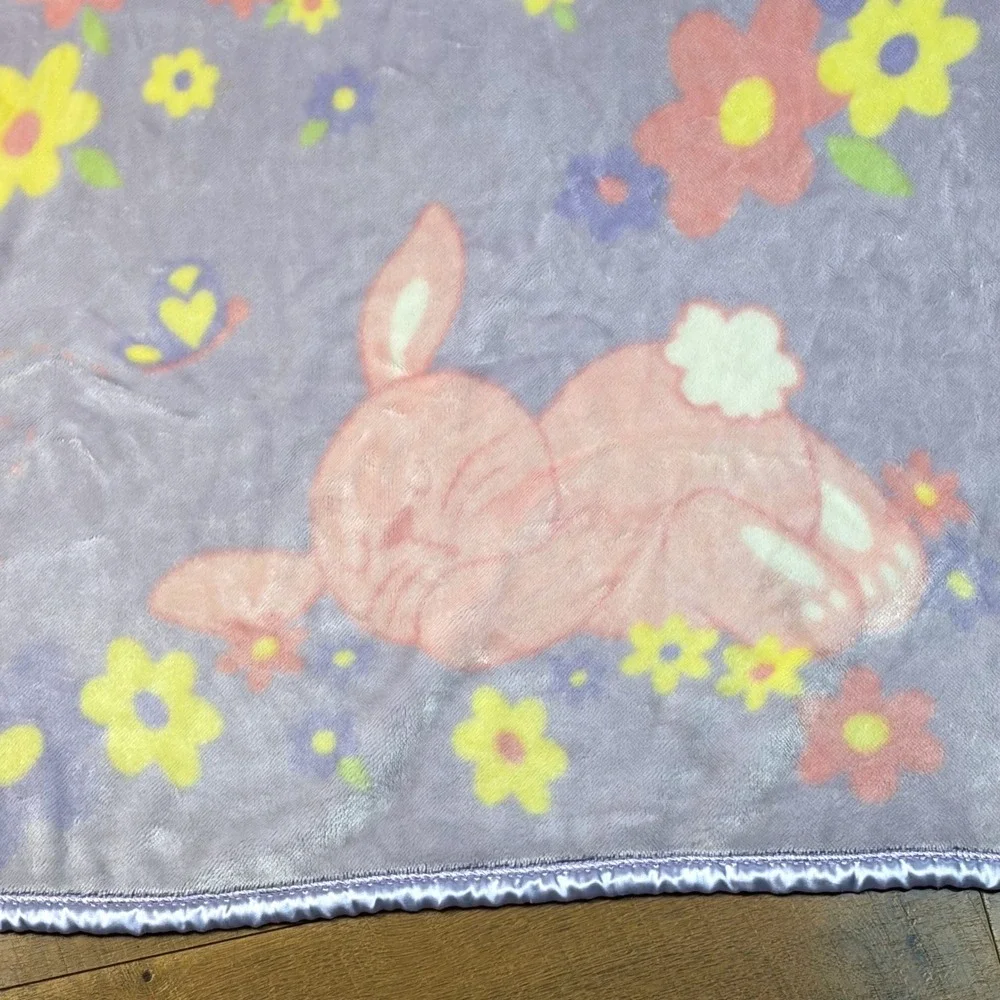 Springmaid Baby Purple Bunny Floral Satin Trim Plush Fleece Blanket 30x44